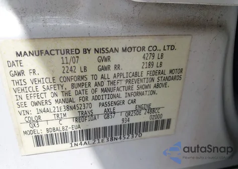 2008 Nissan Altima 2.5 S z USA, uszkodzony, nr VIN 1N4AL21E38N452370